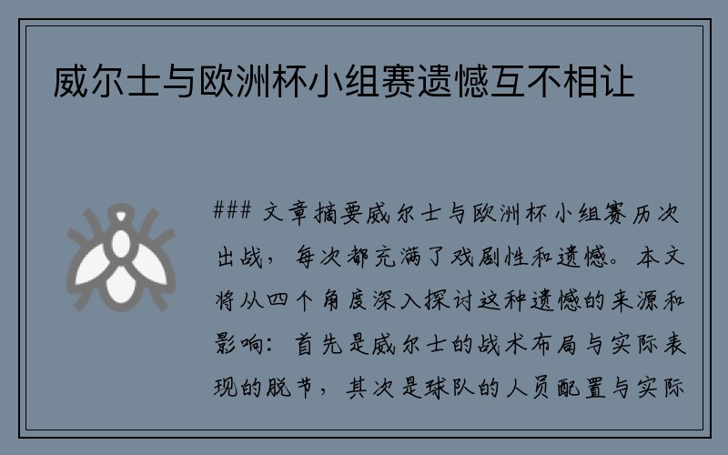 威尔士与欧洲杯小组赛遗憾互不相让