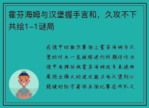 霍芬海姆与汉堡握手言和，久攻不下共绘1-1谜局