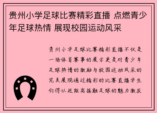 贵州小学足球比赛精彩直播 点燃青少年足球热情 展现校园运动风采